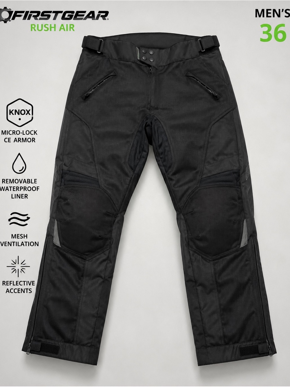 Firstgear Rush Air Motorcycle Riding Pants Men's 36 Black CE Knox Armor Waterprf